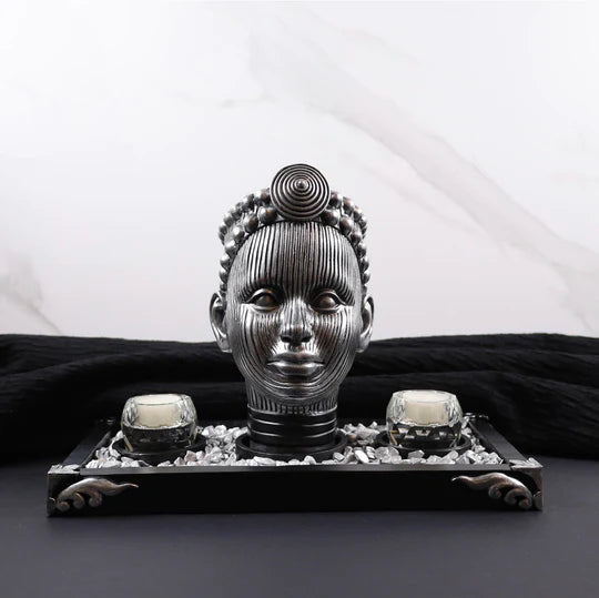Olokun Head Antique Silver Ornament with Black and Antique Silver Tinted Decorative Tray