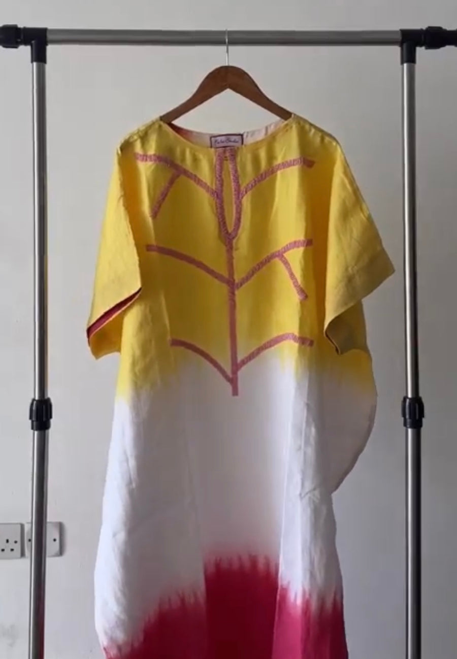 Nabilah Yellow White and Pink Tunic with Pink Beaded Neckline