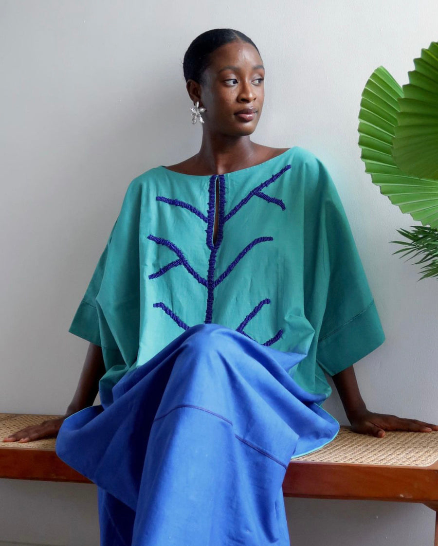 Nabilah Green and Blue Tunic with Blue Beaded Neckline