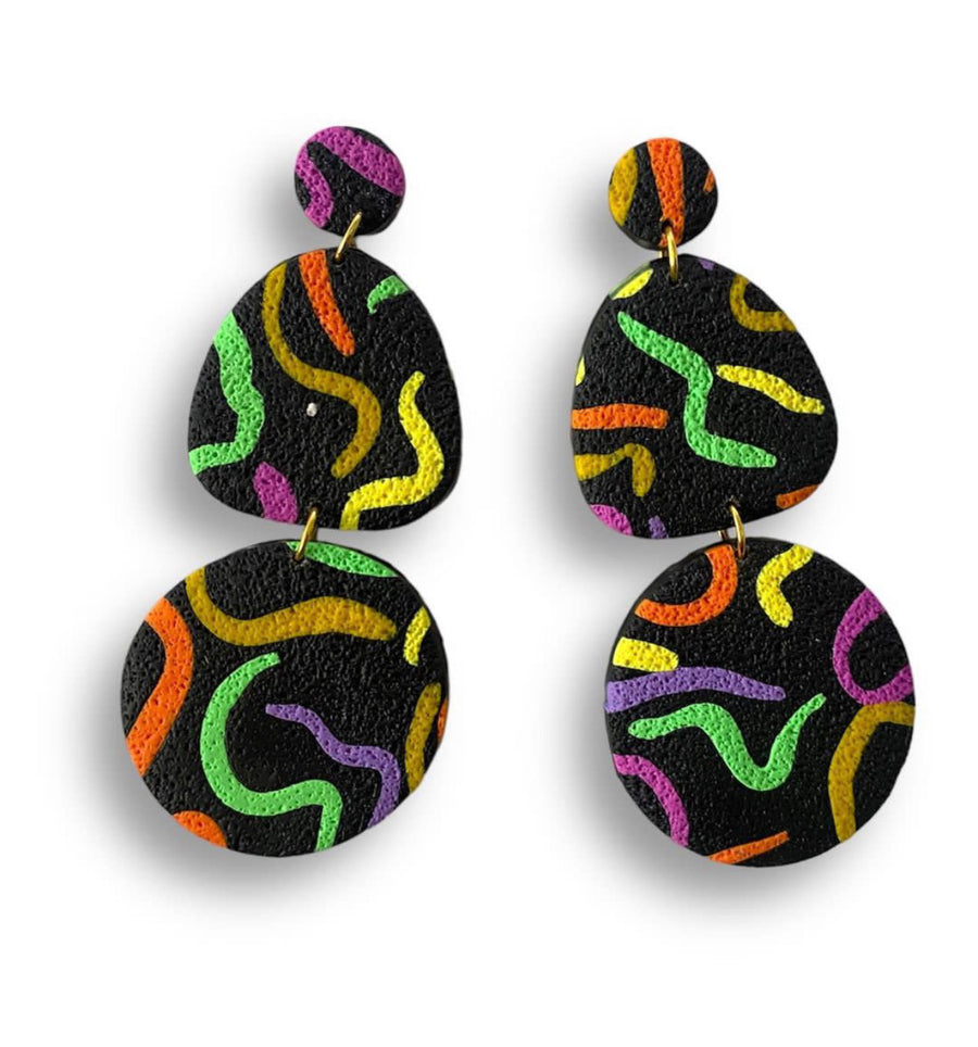 2 Step Black and Multicolored Flat Earrings