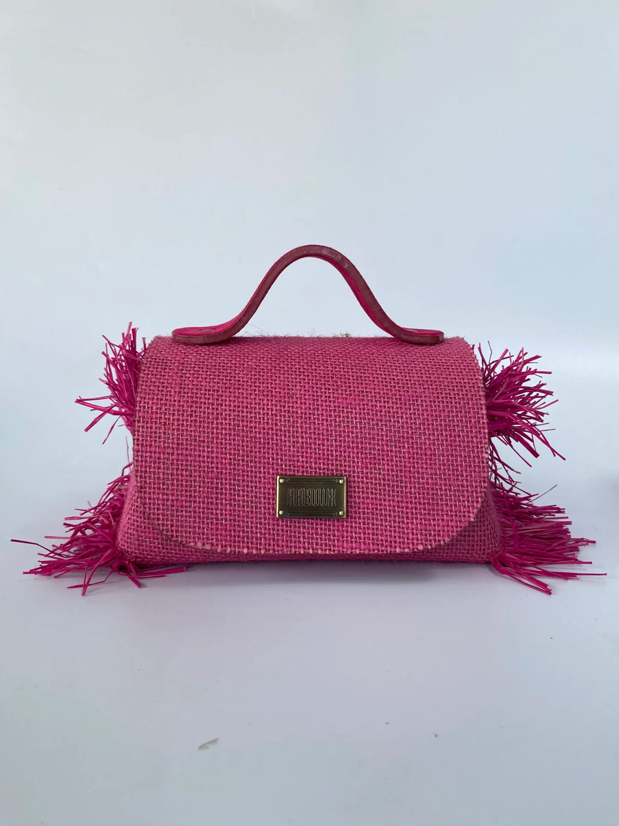 Pink Mira Jute Print with Raffia Side Handbag