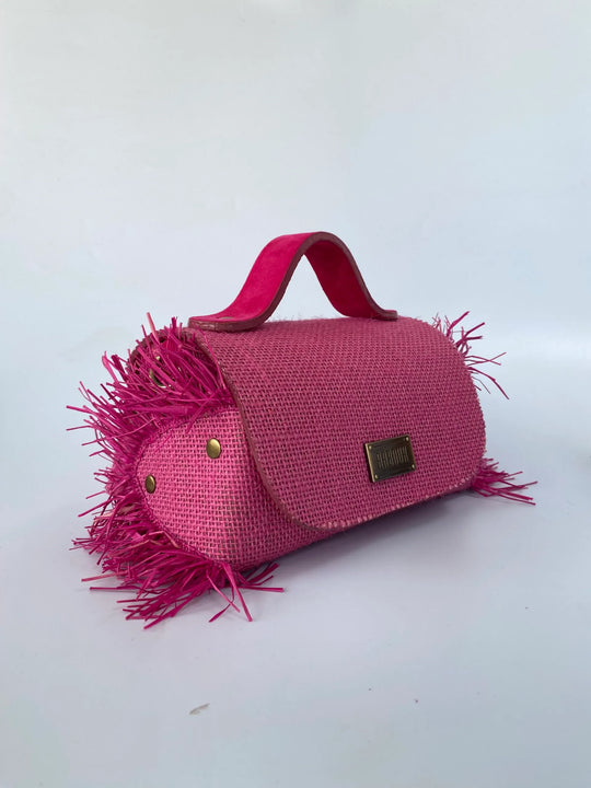 Pink Mira Jute Print with Raffia Side Handbag