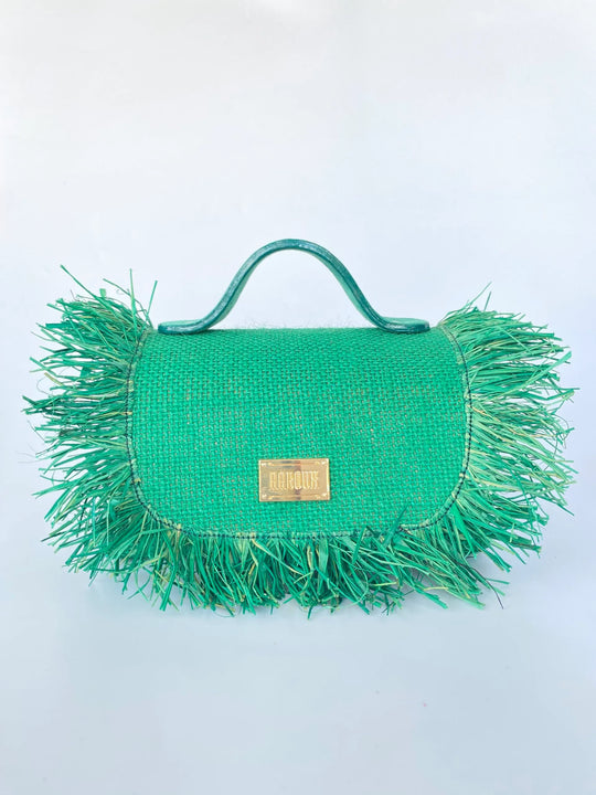 Green Mira Jute Print with Raffia Flap Handbag