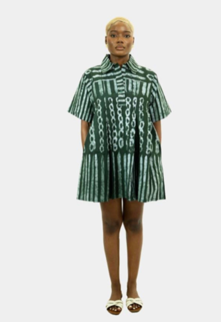 Didi Batik Stamp MIni Shirt Dress (Green)