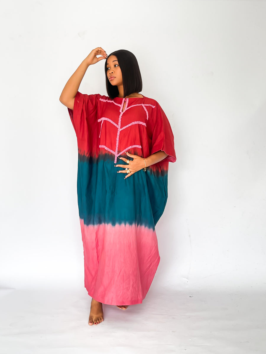 Nabilah Peach Turquoise and Copper Tunic with Pink Beaded Neckline
