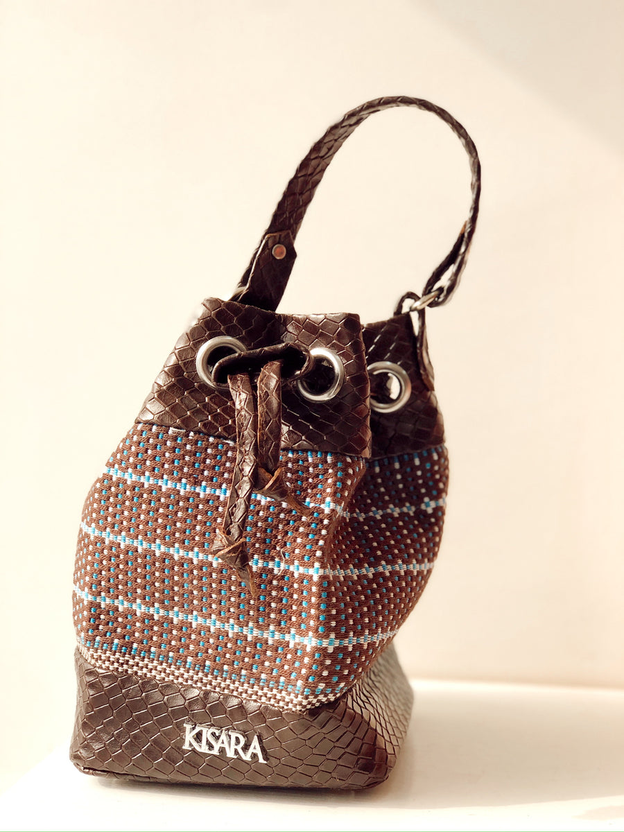 Mina Blue Brown Leather Bucket Handbag