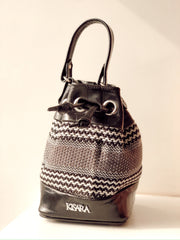 Mina White Black Leather Bucket Handbag