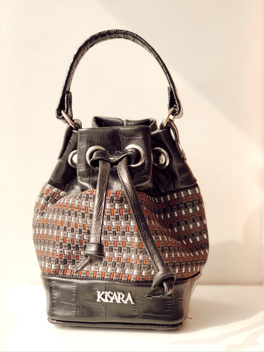 Mina Grey Black Leather Bucket Handbag