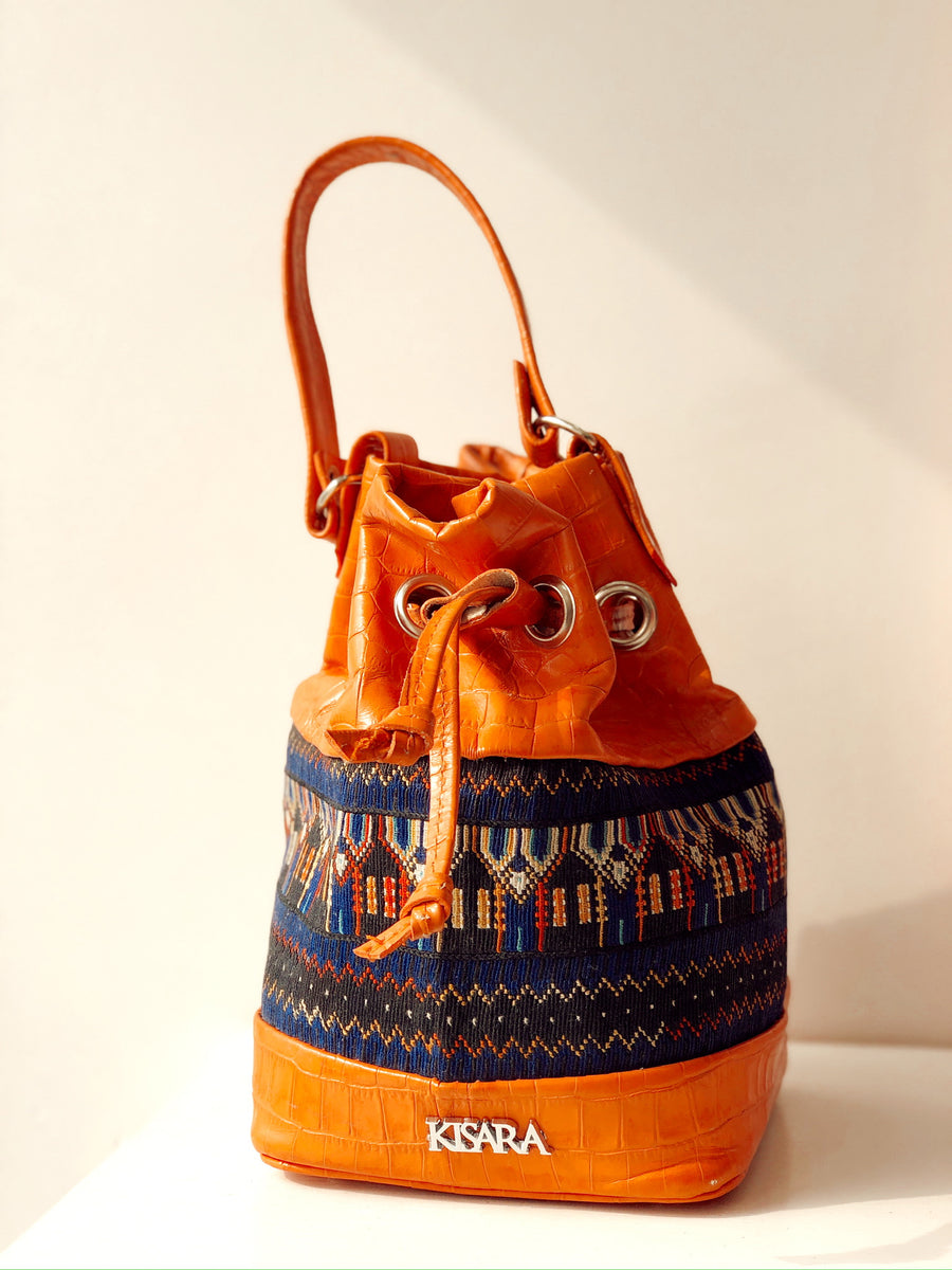 Mina Blue Orange Leather Bucket Handbag