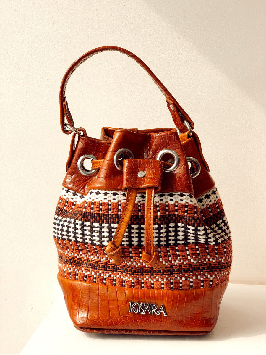 Mina White Brown Leather Bucket Handbag