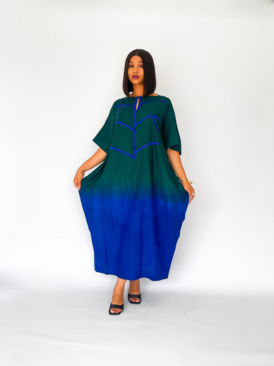Nabilah Emerald Green and Navy Blue Tunic with Blue Beaded Neckline