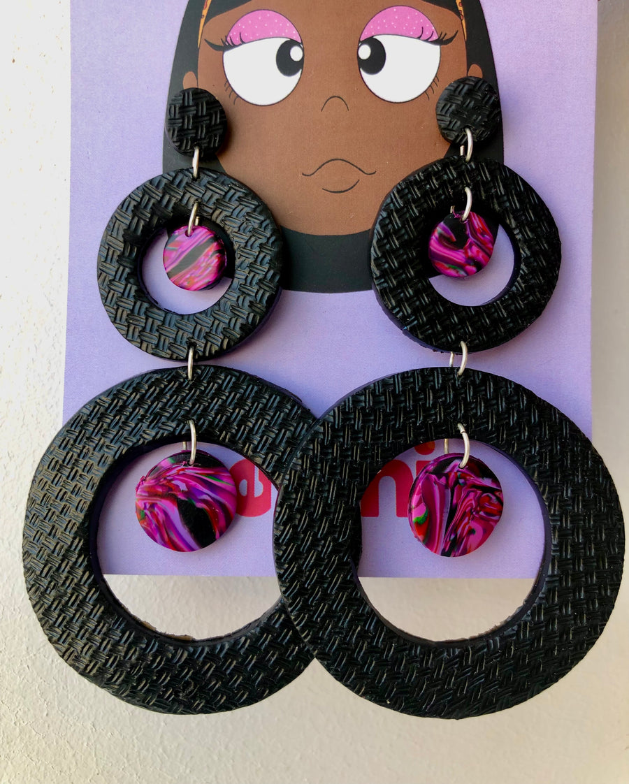 2 Step Black and Purple Circles Earrings