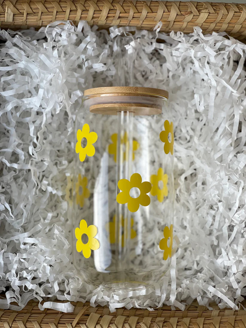 Yellow Retro Floral Libby Glass Cup