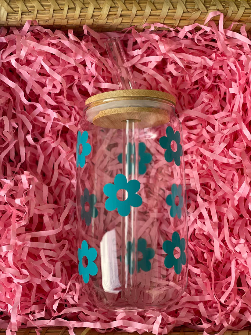 Teal Retro Floral Libby Glass Cup