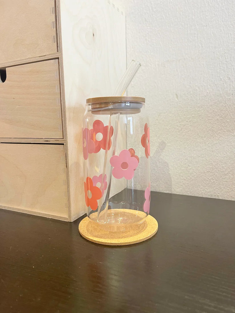 Pink & Peach Retro Floral Libby Glass Cup